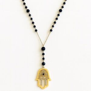 925 Silver Gold Tone Hamsa Hand Necklace Black Beads CZ Pendant